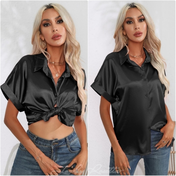 Lovely Rosetta Tops - Classic Black Collared Neck Short Sleeve Shirt